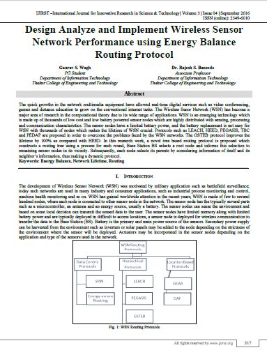 Design Analyze and Implement Wireless Sensor Network Performance using Energy Balance Routing Protocol